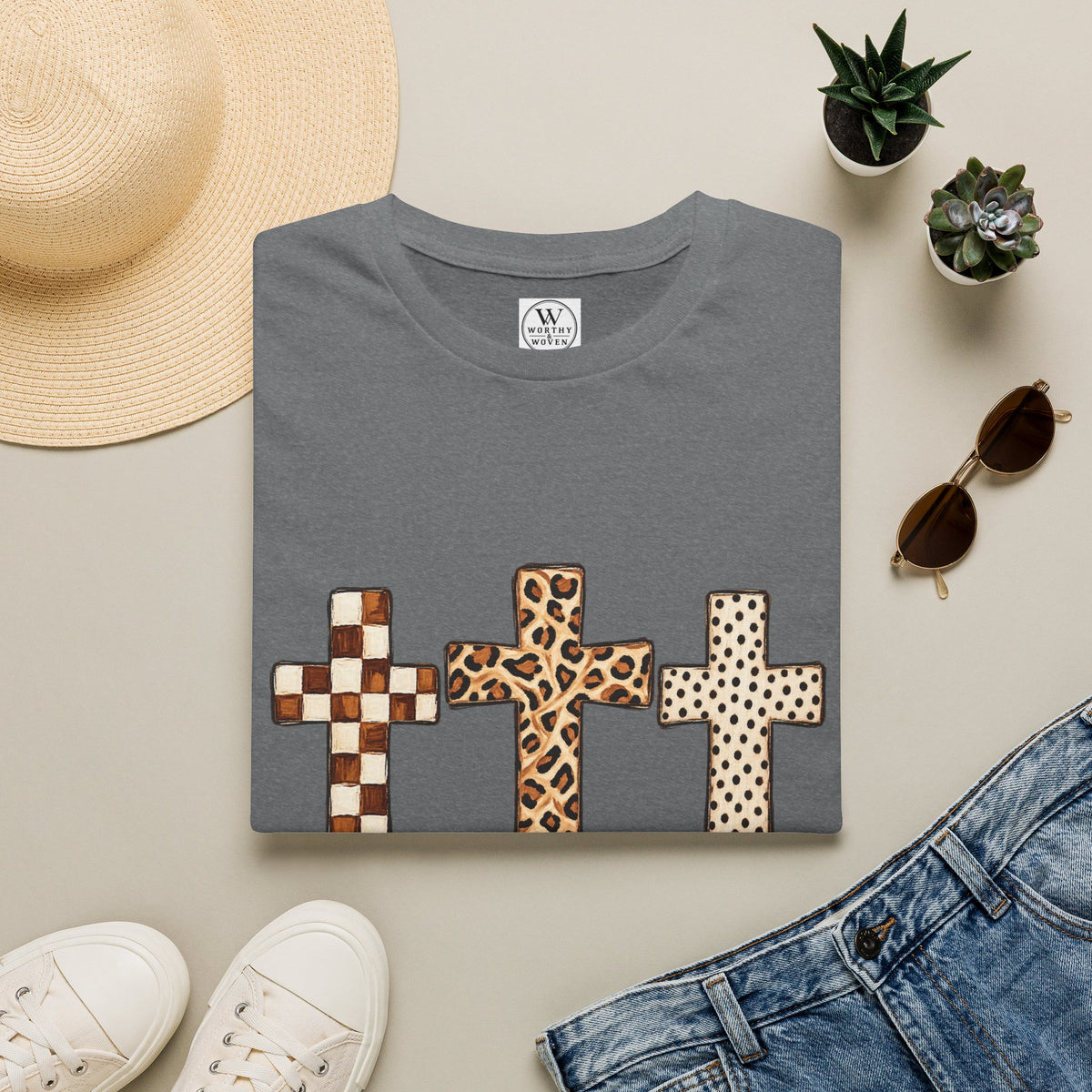 Leopard Checker Crosses Graphic T Shirt  Christian Faith Tee