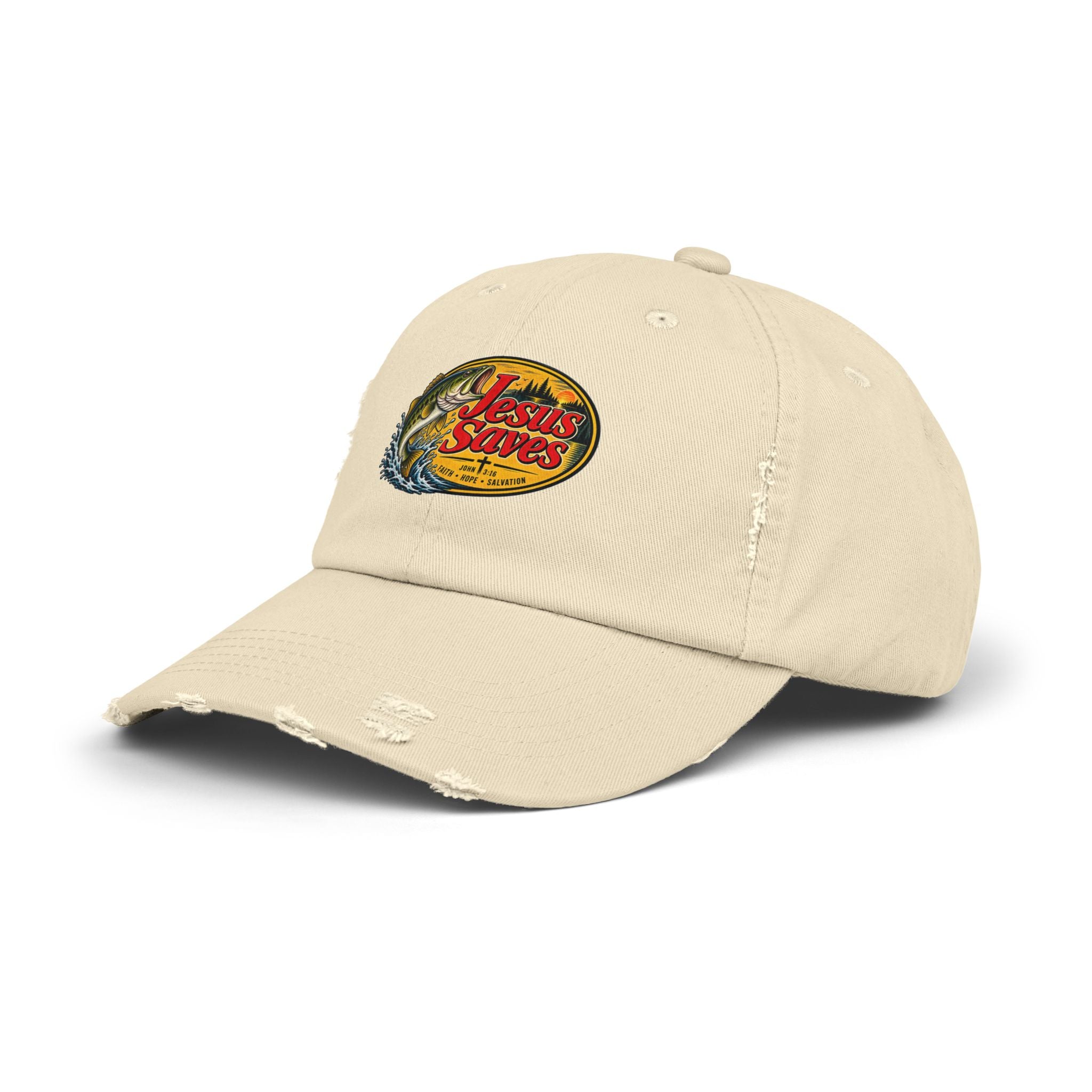 Distressed Cap — "Jesus Saves" Fishing Graphic Hat