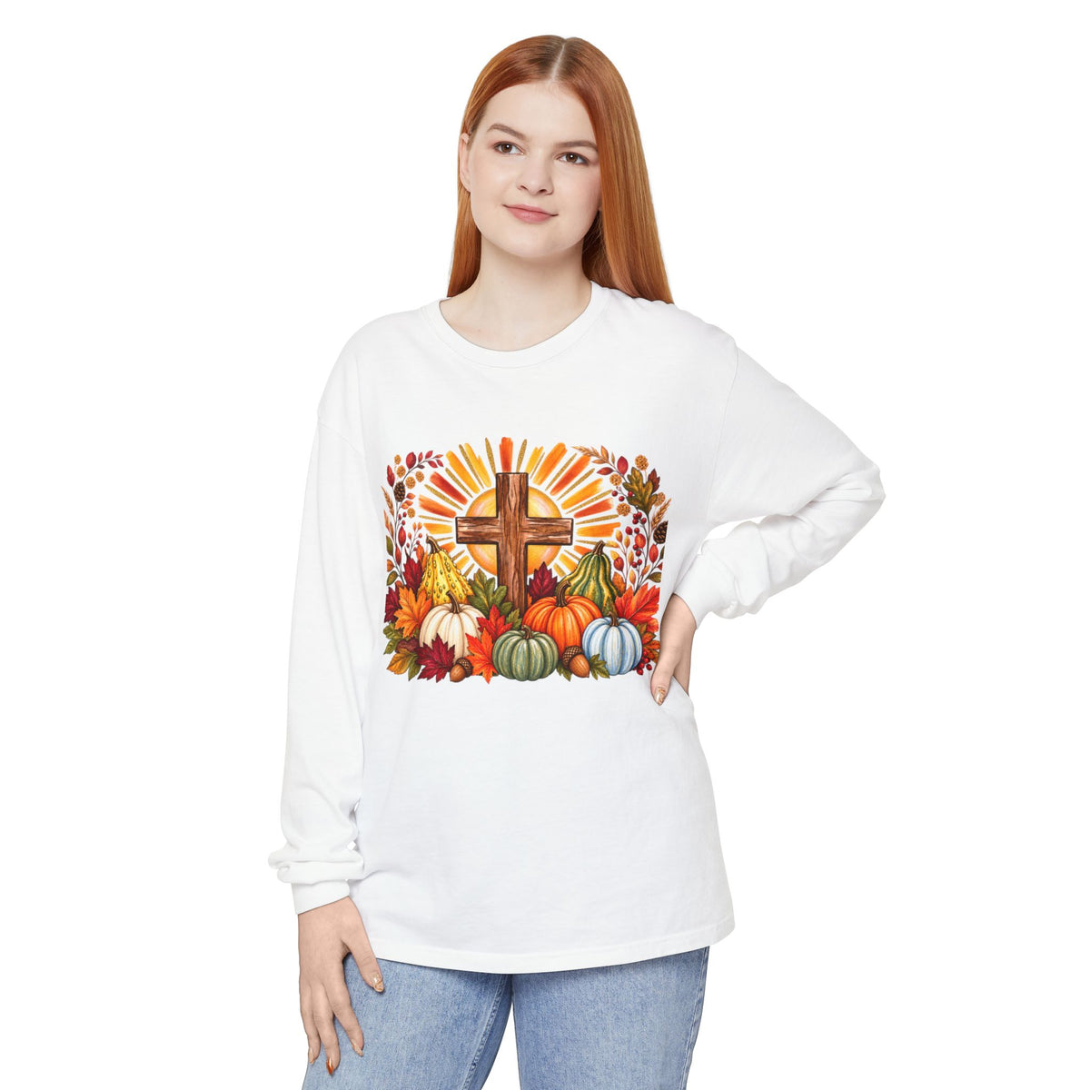 Christian Fall Cross Long Sleeve Tee Autumn Pumpkins and Leaves
