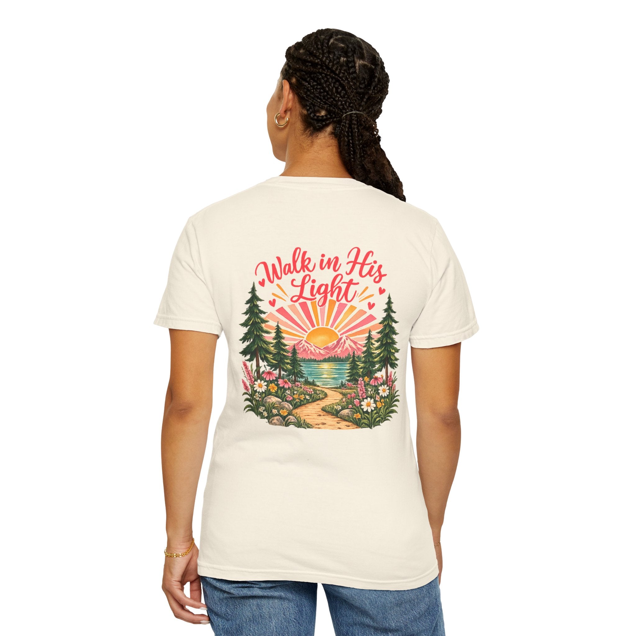 Walk in His Light T‑Shirt — Christian Sunrise Nature Tee