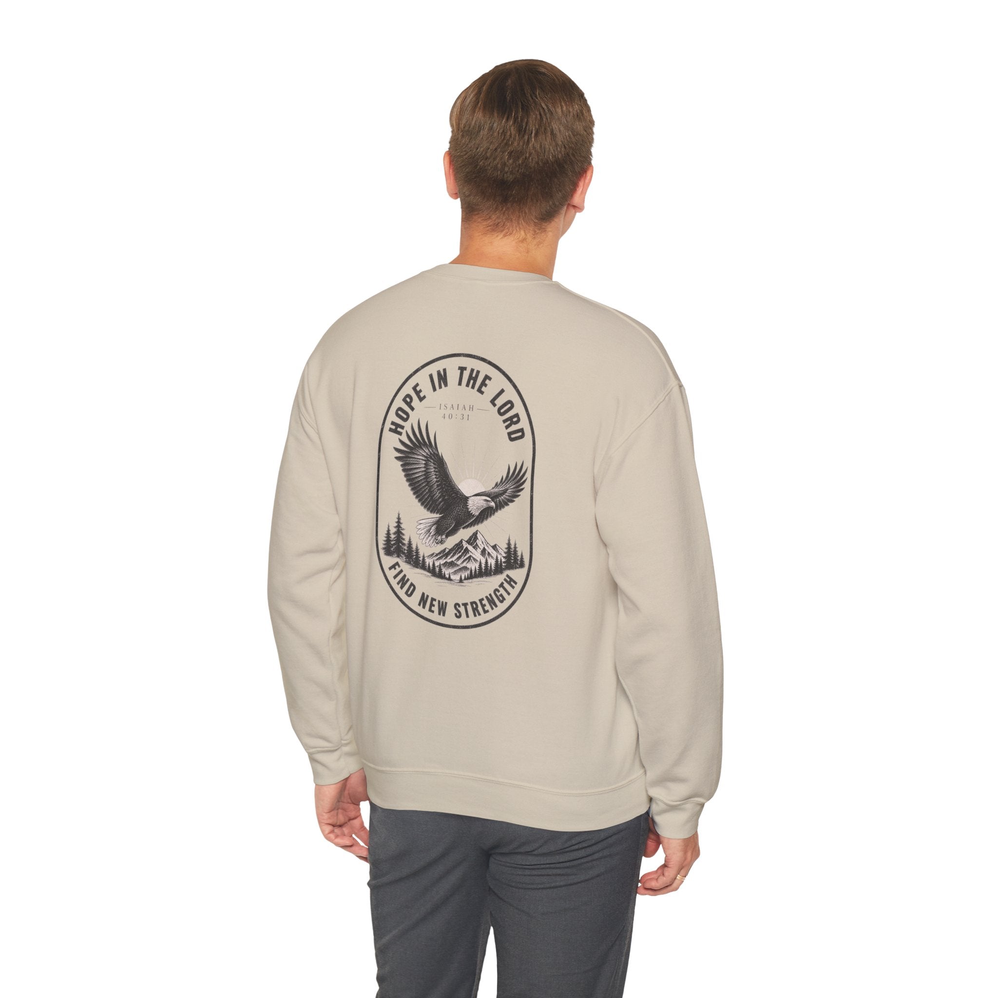Christian Eagle Crewneck Sweatshirt — "Hope in the Lord, Find New Strength" Back Graphic