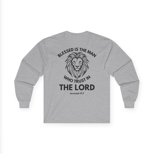 Blessed Is The Man Lion Long Sleeve Tee — "Blessed is the man who trust in The Lord" (Jeremiah 17:7)