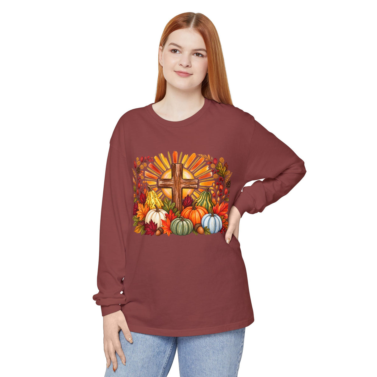 Christian Fall Cross Long Sleeve Tee Autumn Pumpkins and Leaves