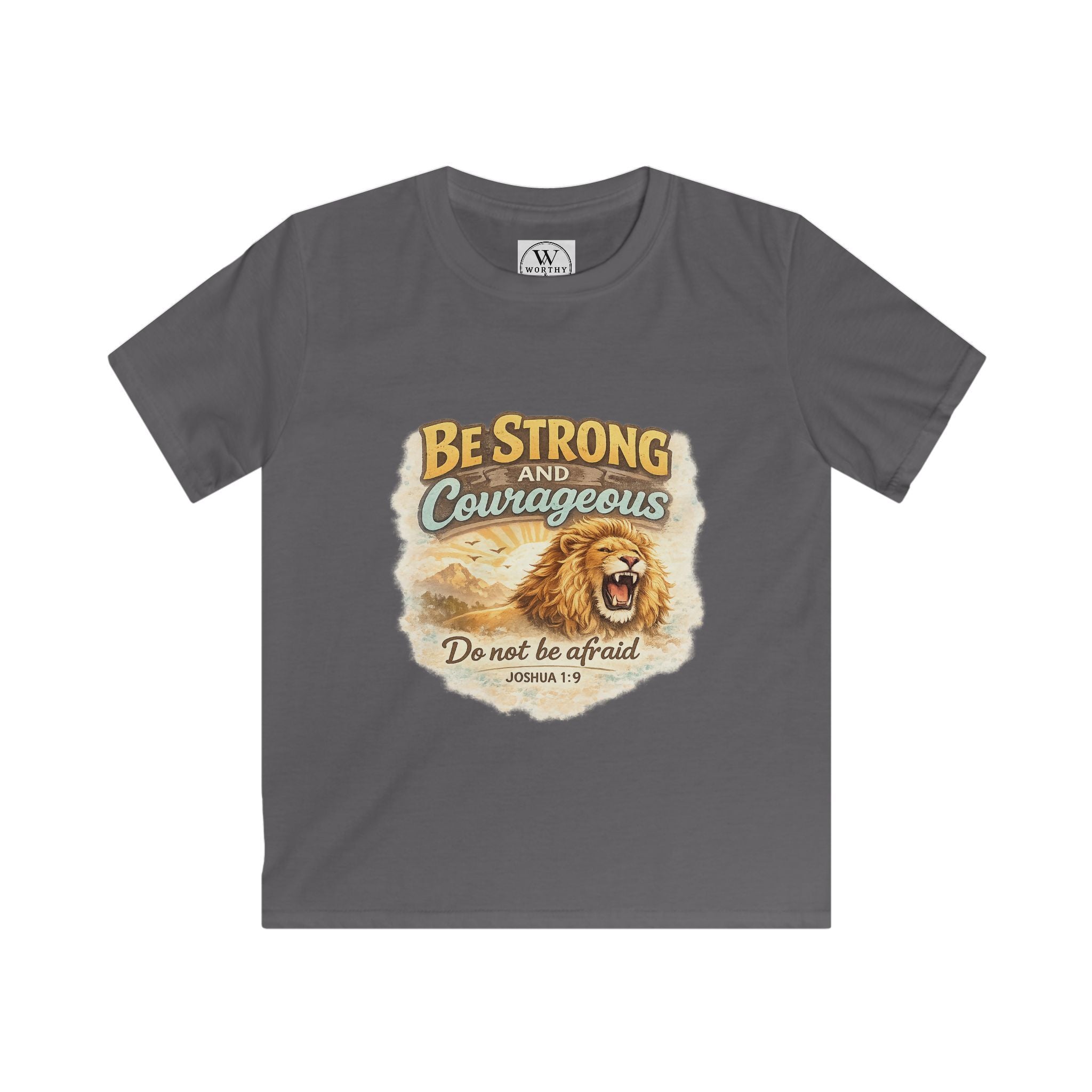 Be Strong and Courageous Kids T‑Shirt — Lion Design, "Do Not Be Afraid" (Bible Verse)