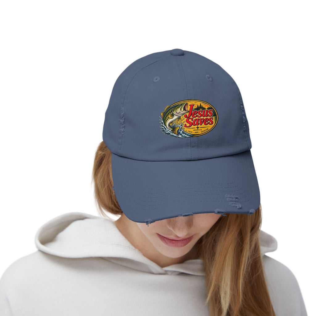 Distressed Cap — "Jesus Saves" Fishing Graphic Hat