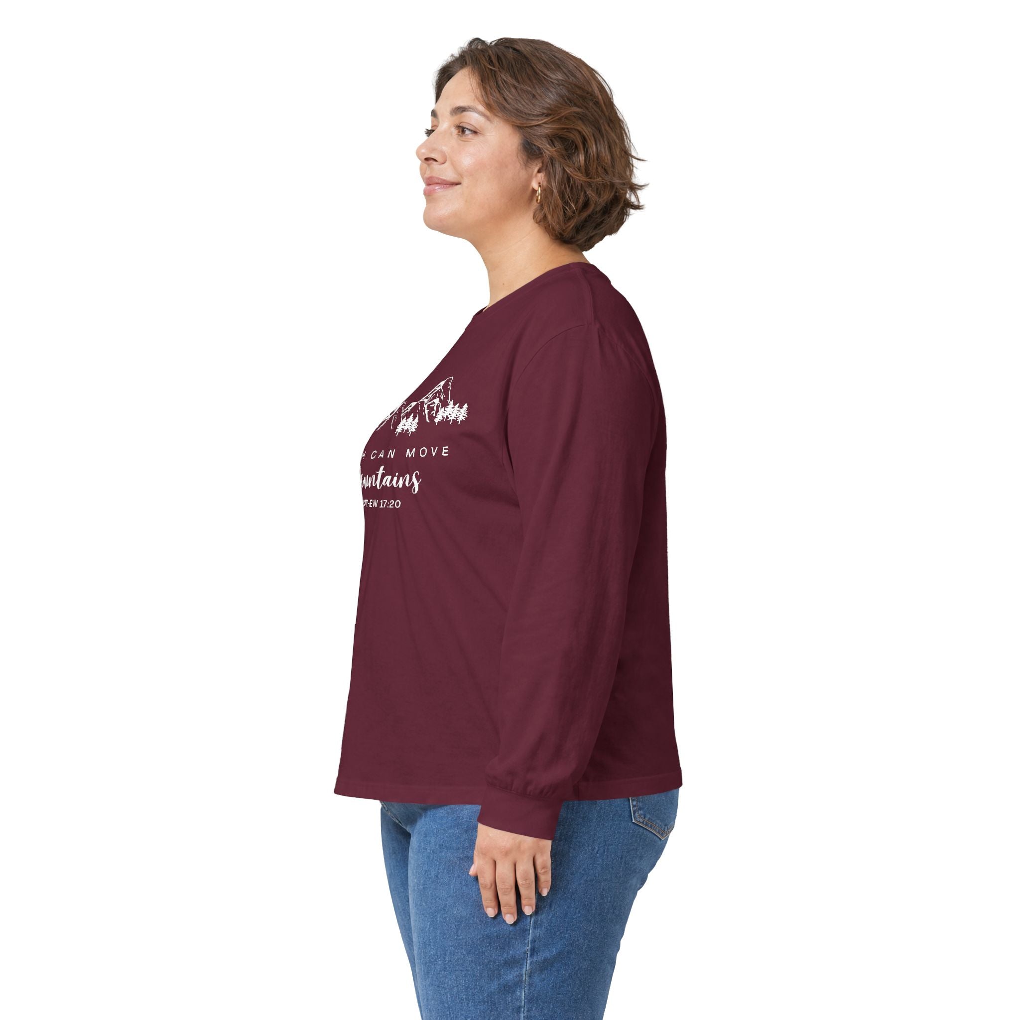 Long Sleeve Tee — "Faith Can Move Mountains" Mountain Graphic