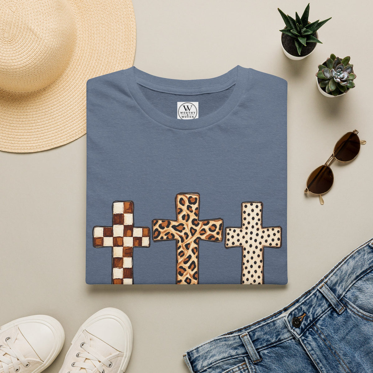 Leopard Checker Crosses Graphic T Shirt  Christian Faith Tee
