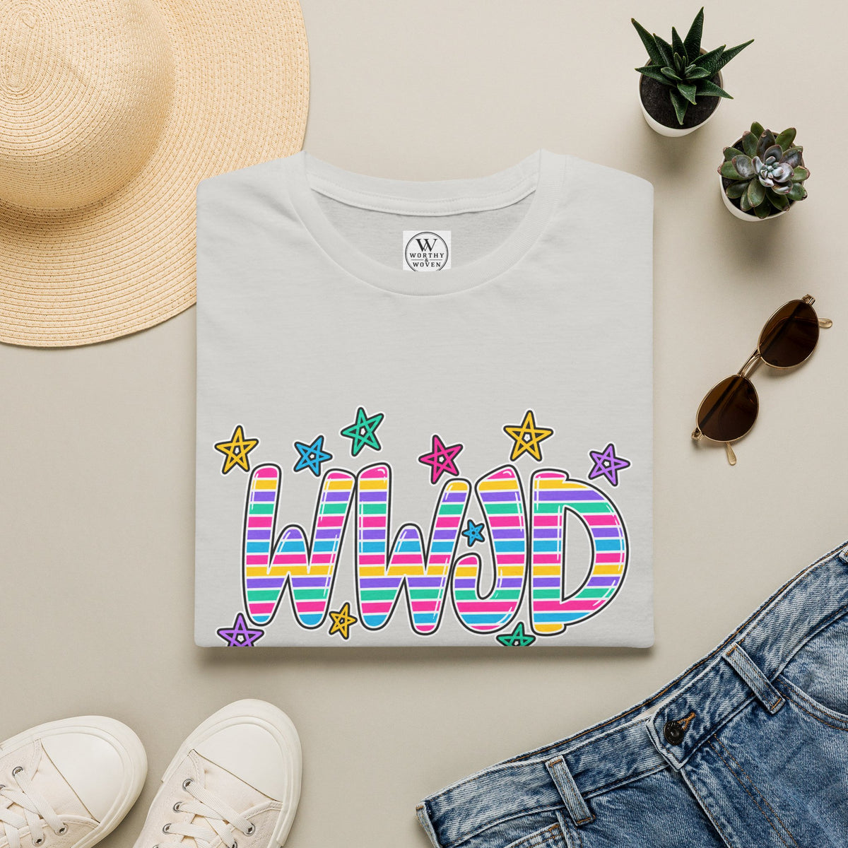 WWJD Rainbow Retro TShirt  Colorful Striped Letters with Stars