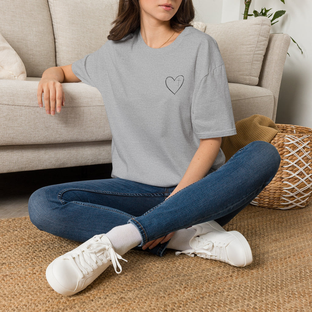 Minimal Cross Heart T‑Shirt — Simple Christian Heart Chest Tee