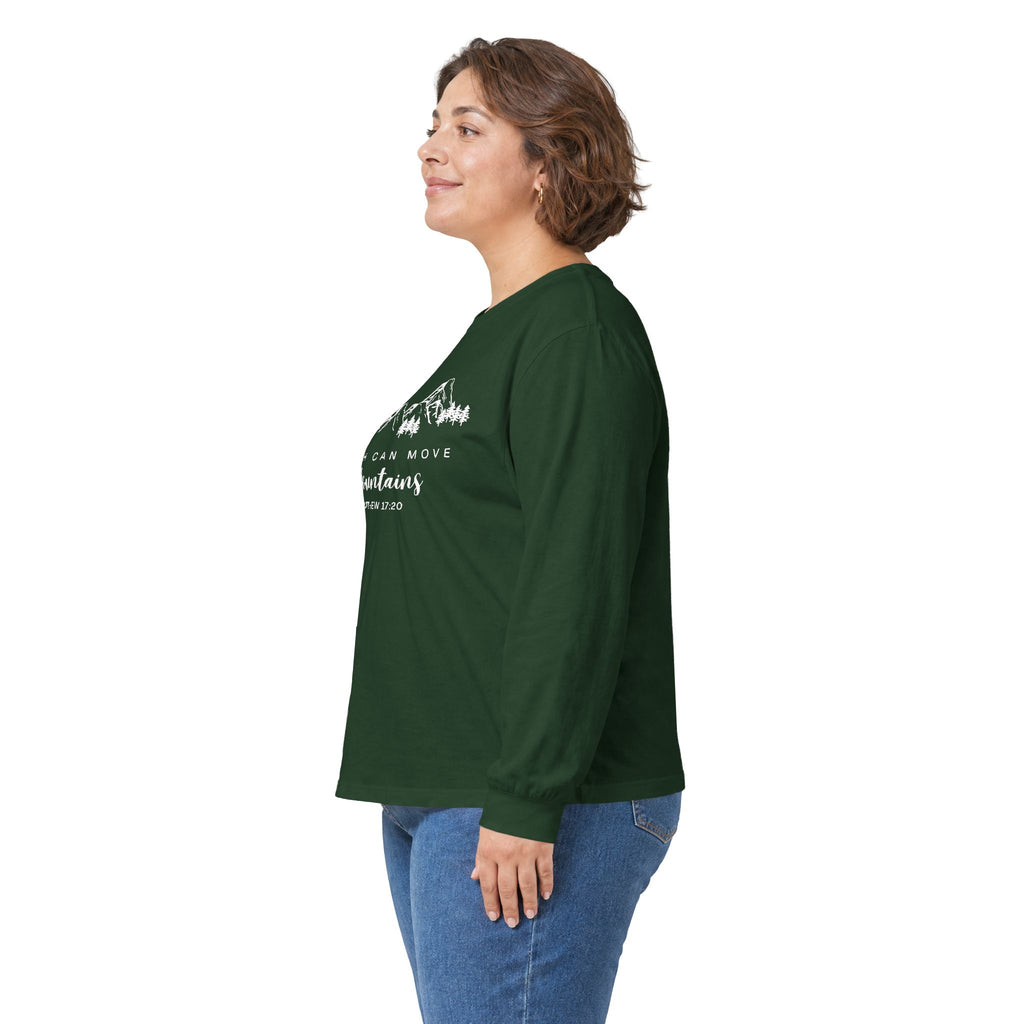 Long Sleeve Tee — "Faith Can Move Mountains" Mountain Graphic