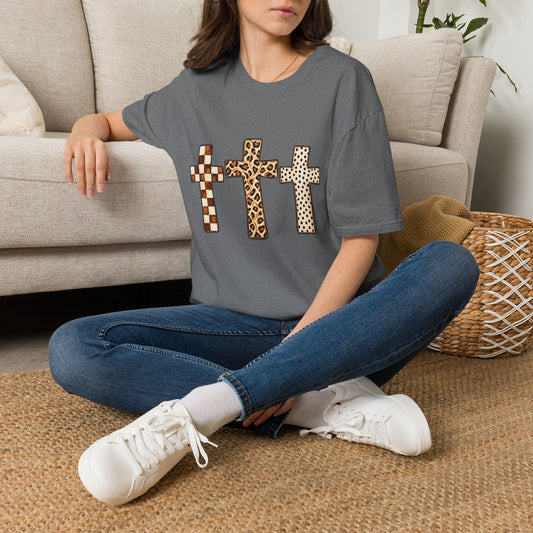Leopard Checker Crosses Graphic T Shirt  Christian Faith Tee