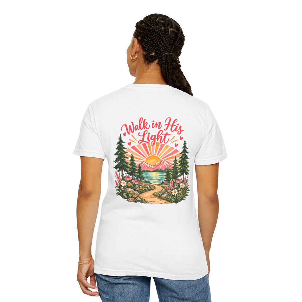 Walk in His Light T‑Shirt — Christian Sunrise Nature Tee