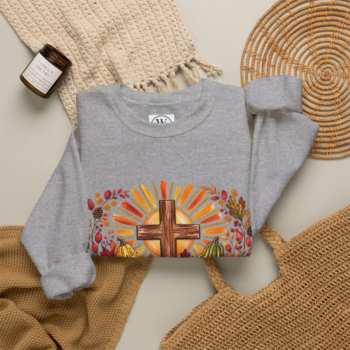Faithful Harvest Sweatshirt  Cross and Autumn Pumpkins Crewneck
