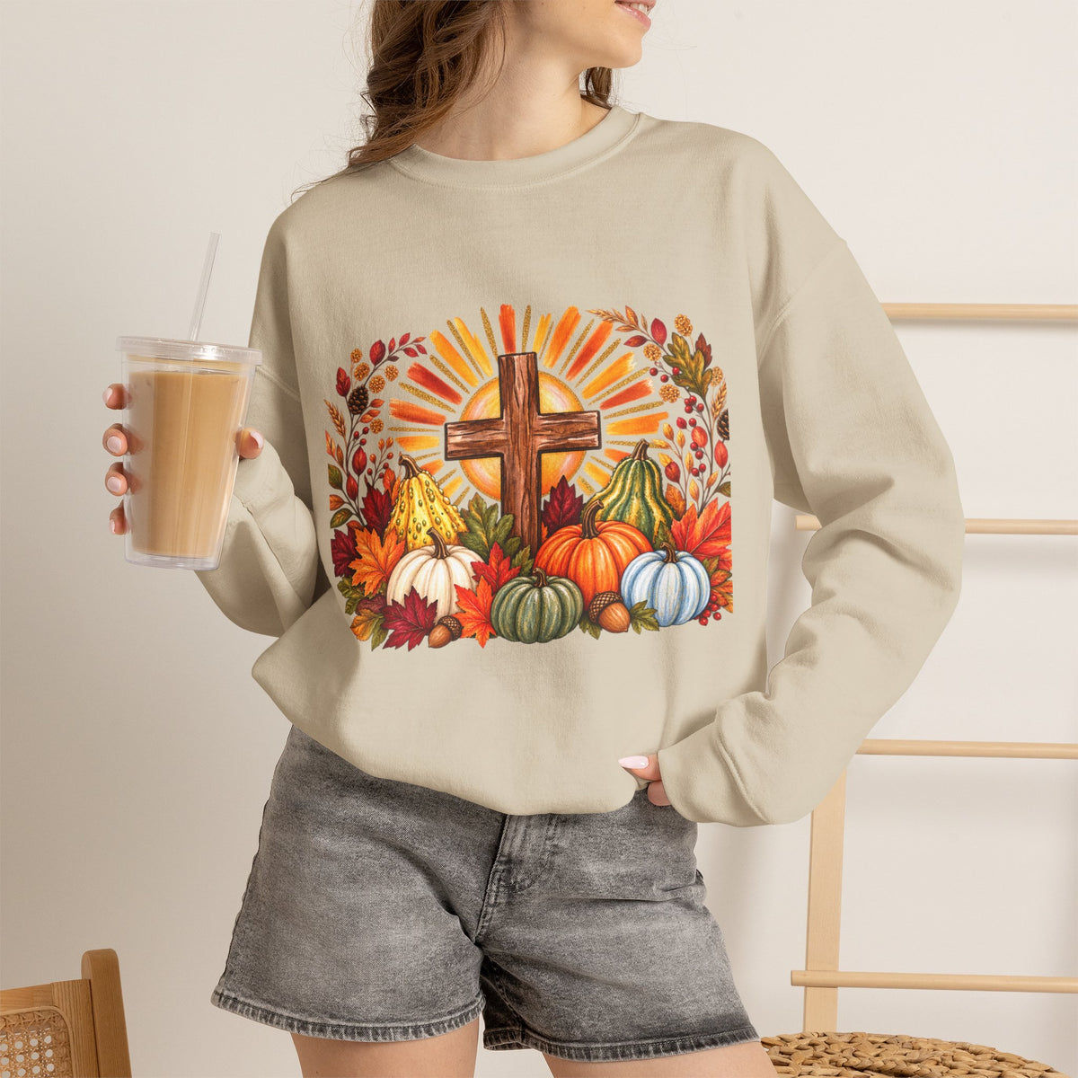 Faithful Harvest Sweatshirt  Cross and Autumn Pumpkins Crewneck