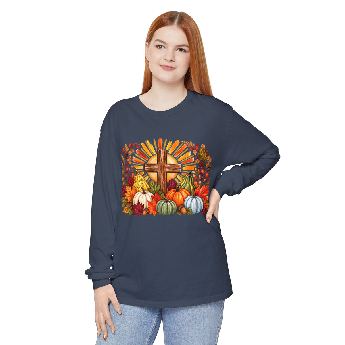 Christian Fall Cross Long Sleeve Tee Autumn Pumpkins and Leaves