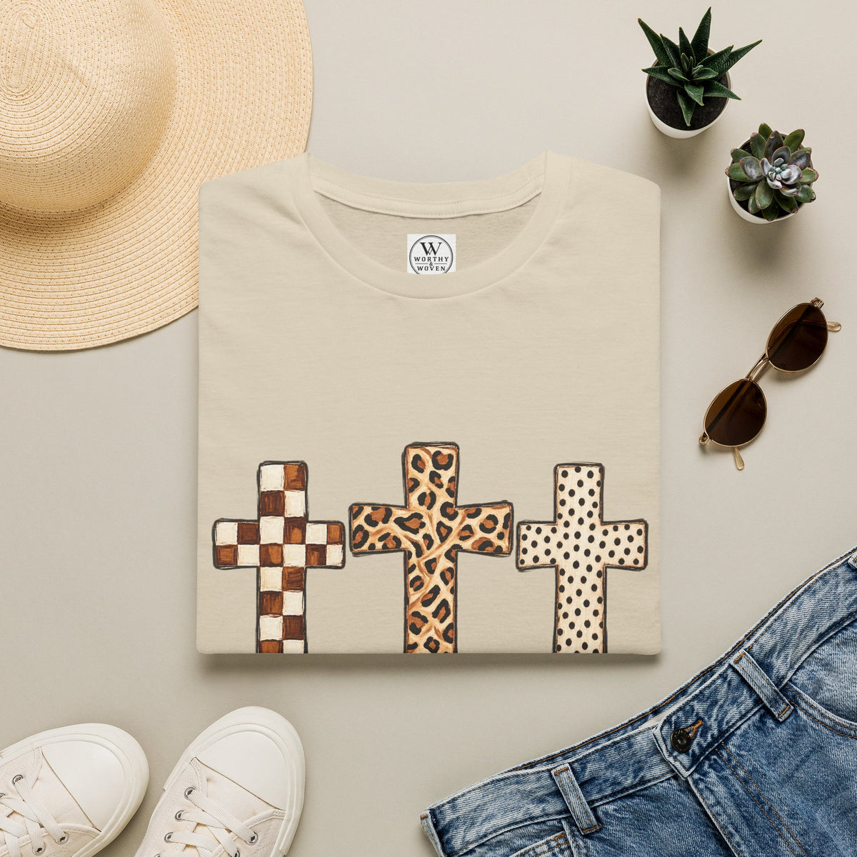 Leopard Checker Crosses Graphic T Shirt  Christian Faith Tee