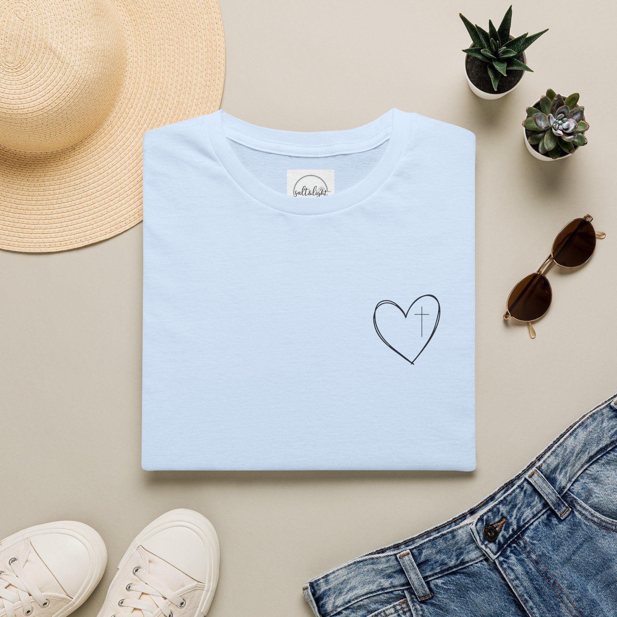 Minimal Cross Heart T‑Shirt — Simple Christian Heart Chest Tee
