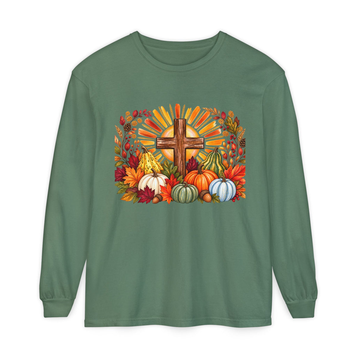 Christian Fall Cross Long Sleeve Tee Autumn Pumpkins and Leaves