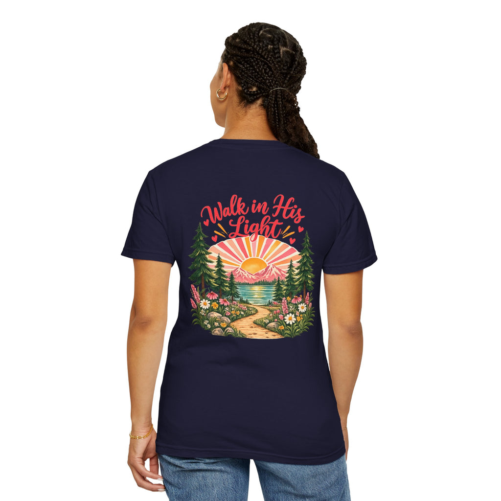 Walk in His Light T‑Shirt — Christian Sunrise Nature Tee