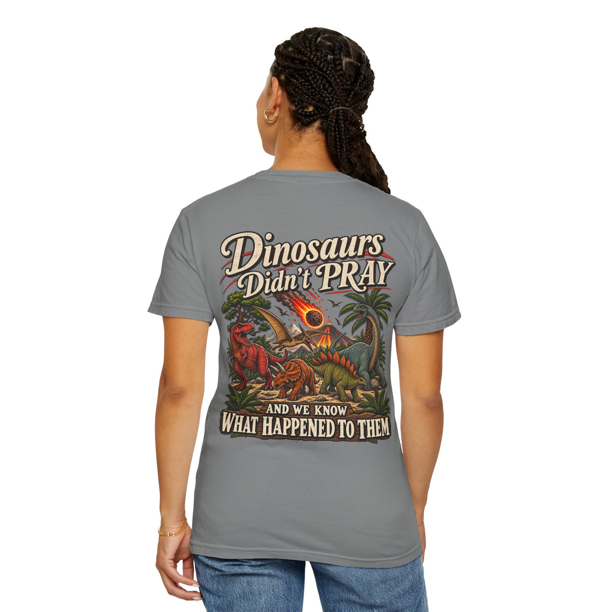 Dinosaur Graphic TShirt Dinosaurs Didn’t Pray Vintage Retro Tee