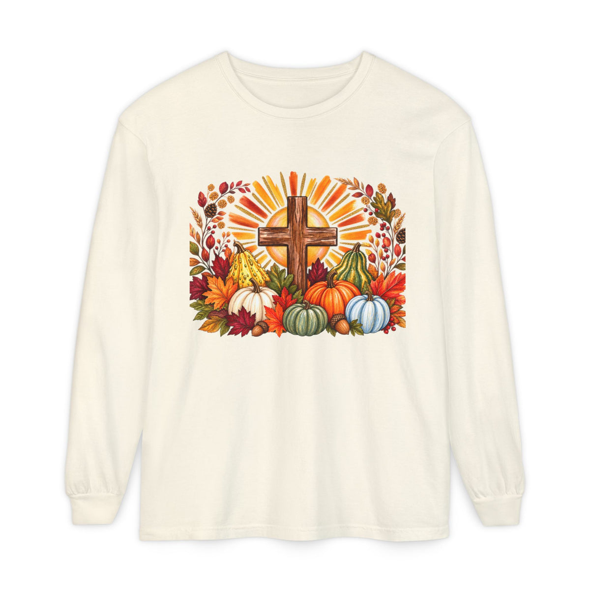 Christian Fall Cross Long Sleeve Tee Autumn Pumpkins and Leaves