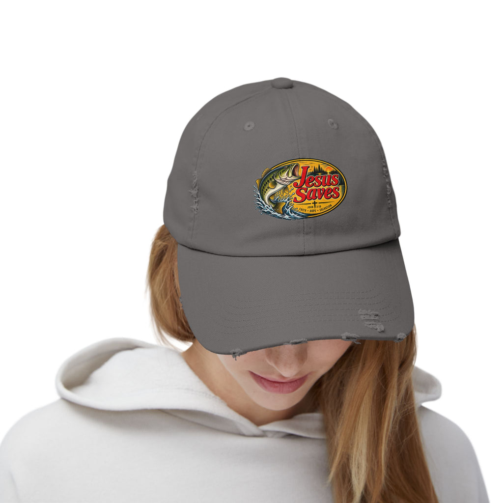 Distressed Cap — "Jesus Saves" Fishing Graphic Hat