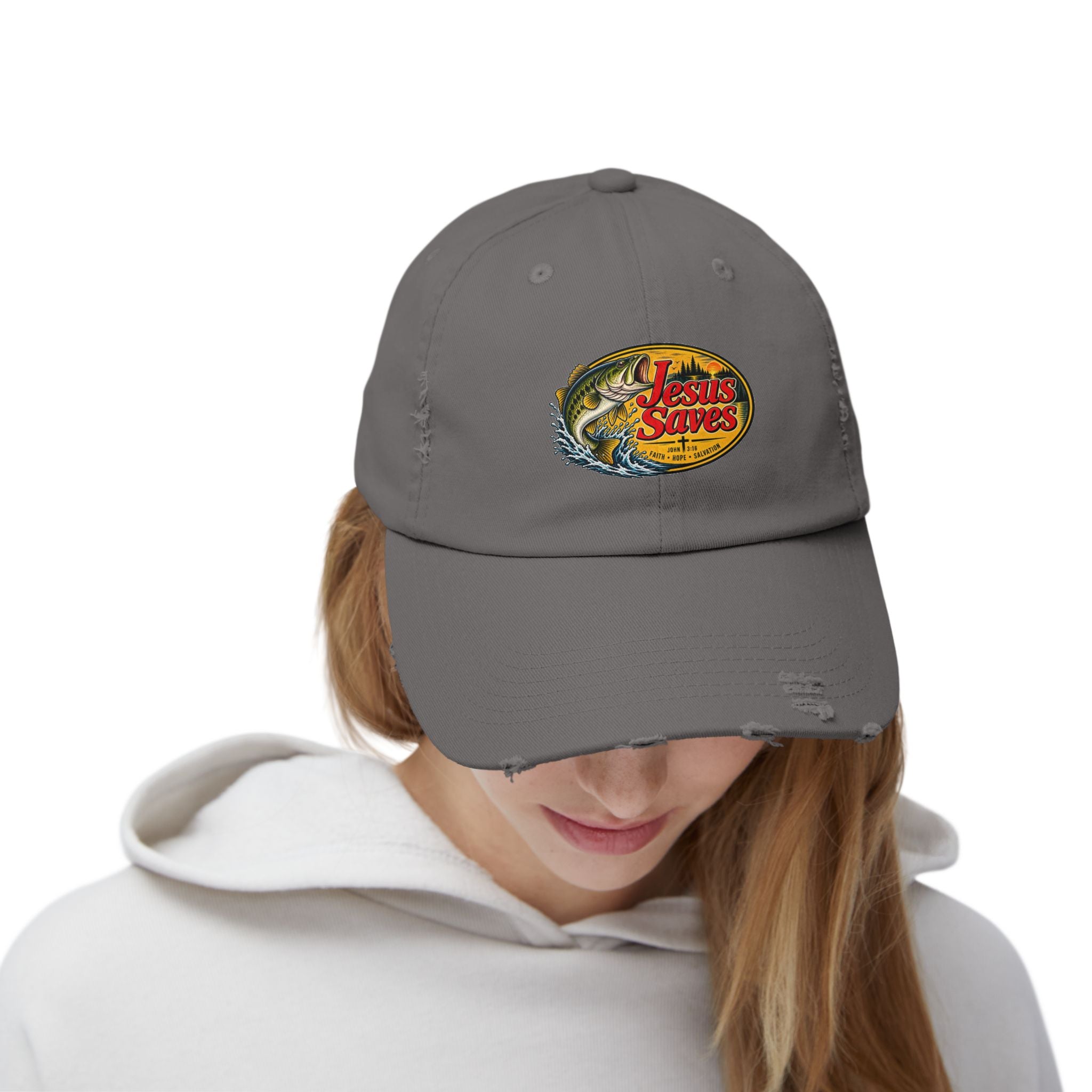 Distressed Cap — "Jesus Saves" Fishing Graphic Hat