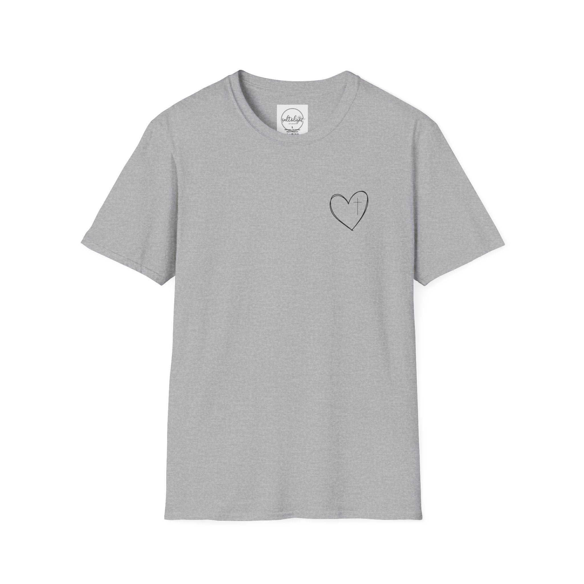 Minimal Cross Heart T‑Shirt — Simple Christian Heart Chest Tee