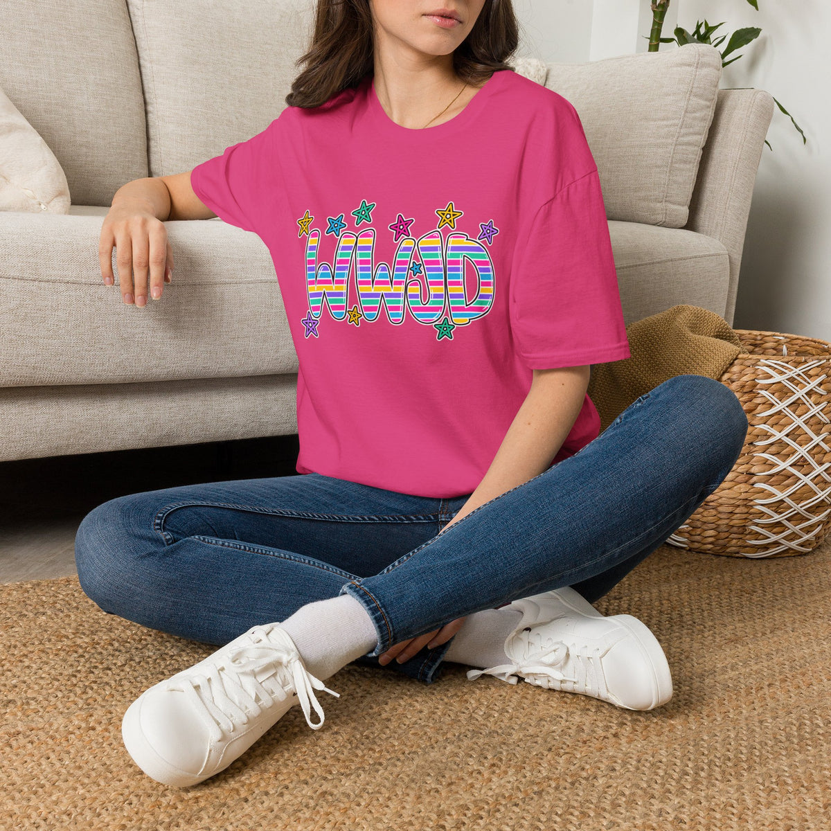 WWJD Rainbow Retro TShirt  Colorful Striped Letters with Stars