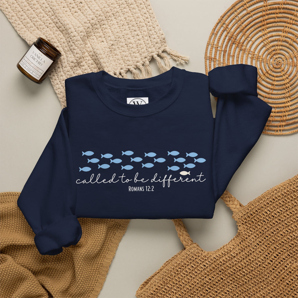 Crewneck Sweatshirt - 'Called to be Different' Blue Fish Design | Christian Faith Sweatshirt, Inspirational Gift