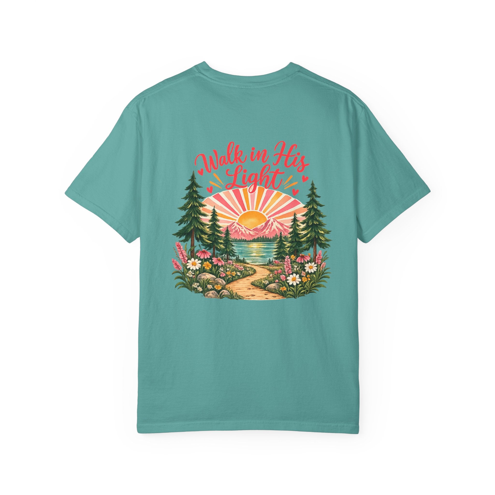 Walk in His Light T‑Shirt — Christian Sunrise Nature Tee