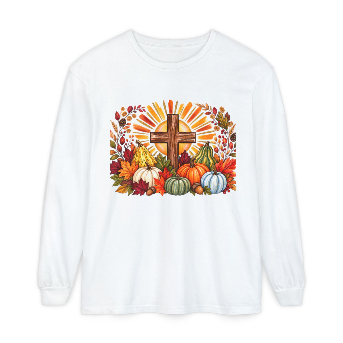 Christian Fall Cross Long Sleeve Tee Autumn Pumpkins and Leaves