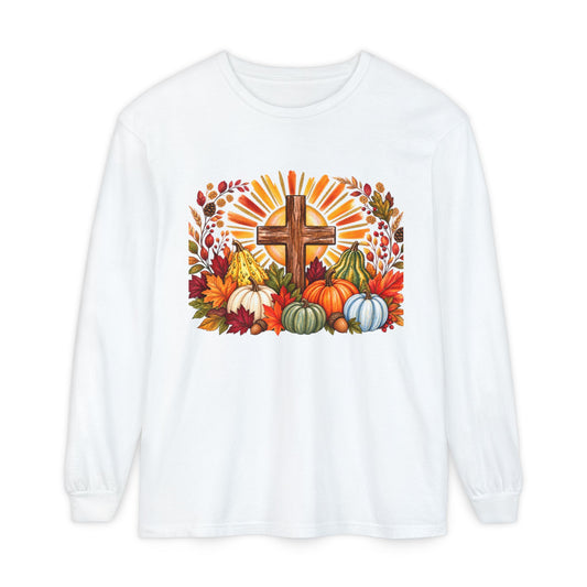Christian Fall Cross Long Sleeve Tee Autumn Pumpkins and Leaves