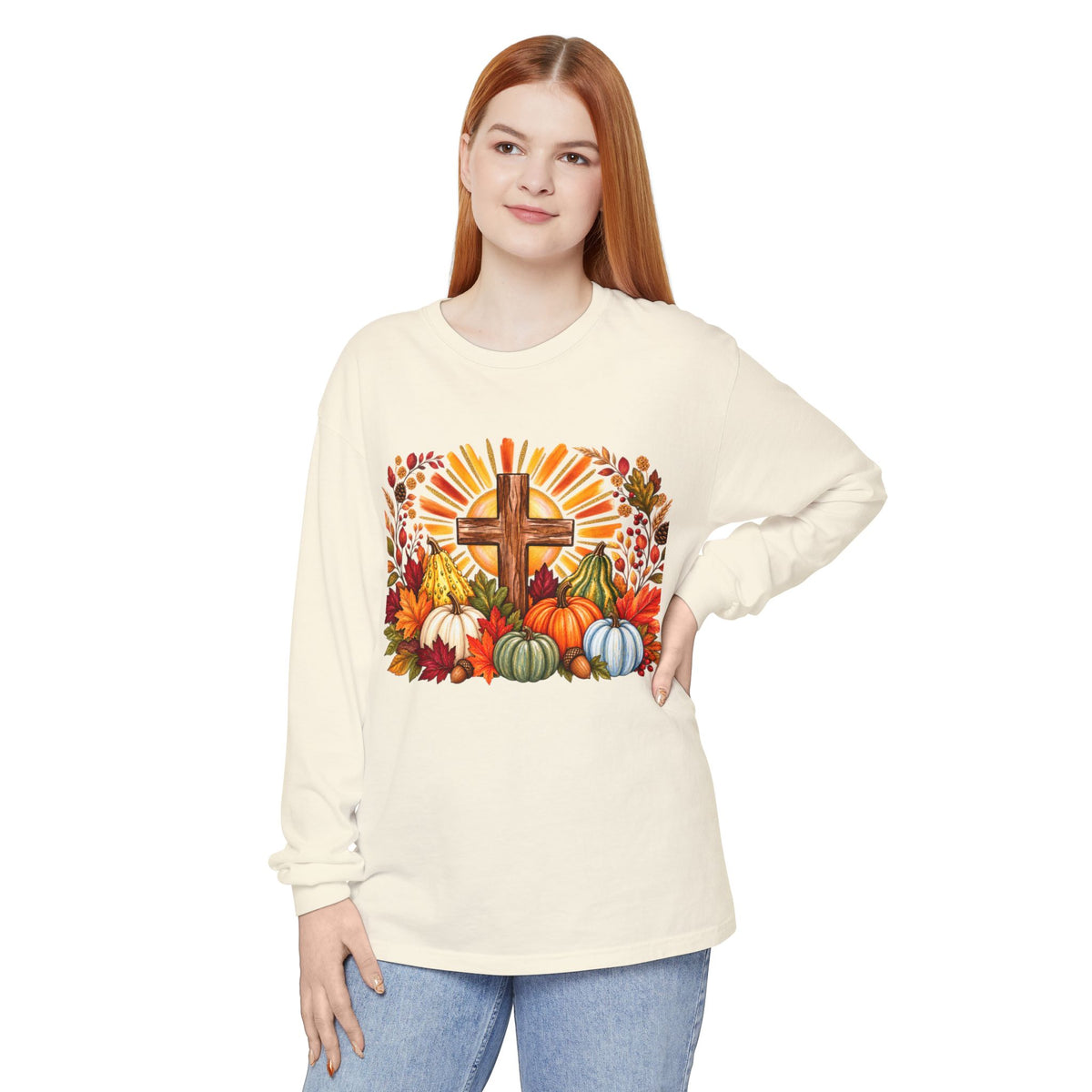 Christian Fall Cross Long Sleeve Tee Autumn Pumpkins and Leaves