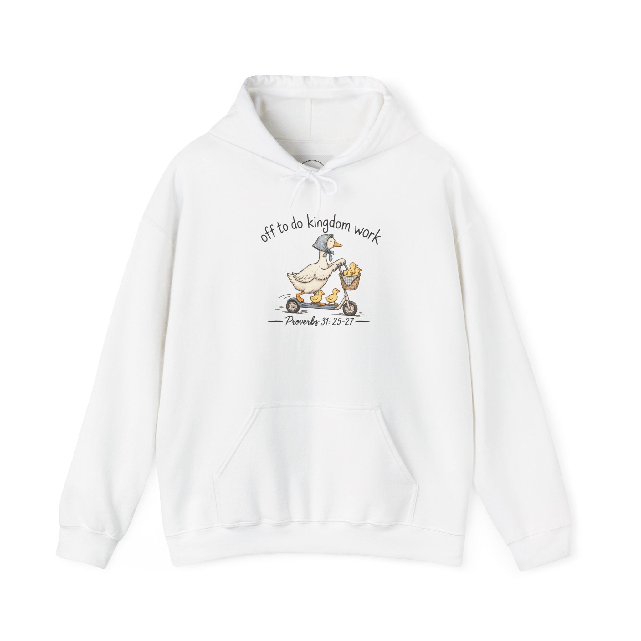 Hoodie — "Off to Do Kingdom Work" Goose Cartoon Christian Hoodie (Proverbs 31:25-27)