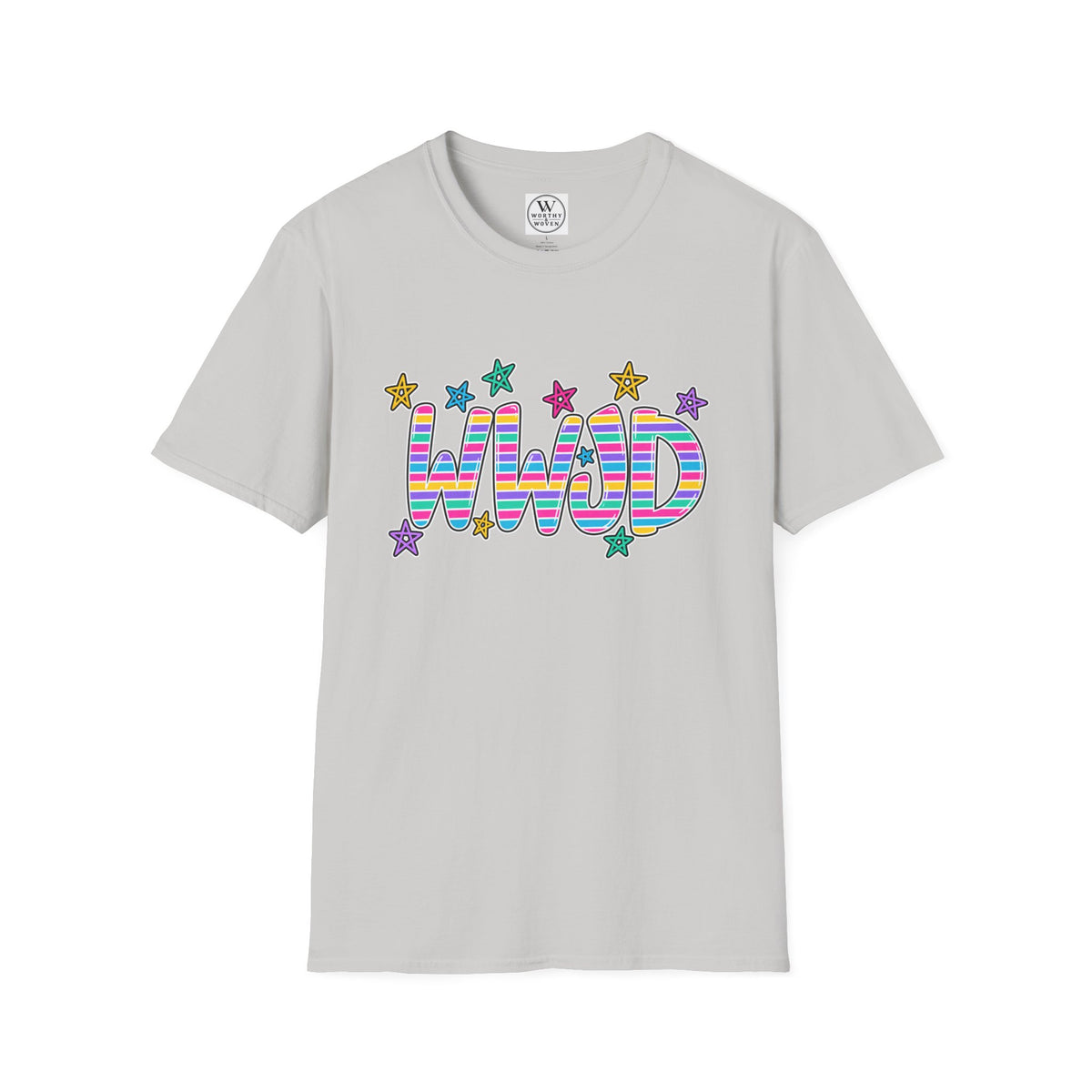 WWJD Rainbow Retro TShirt  Colorful Striped Letters with Stars