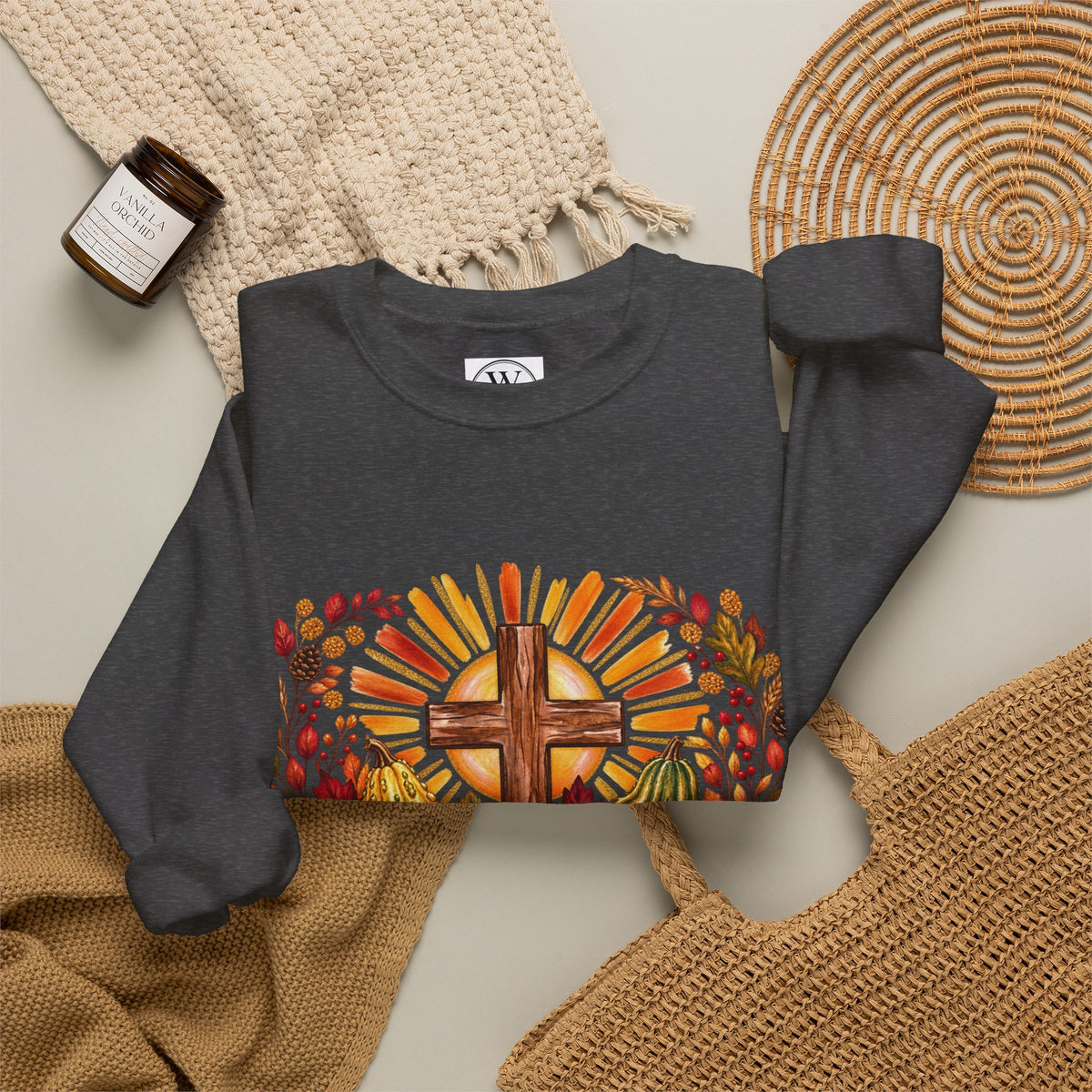 Faithful Harvest Sweatshirt  Cross and Autumn Pumpkins Crewneck