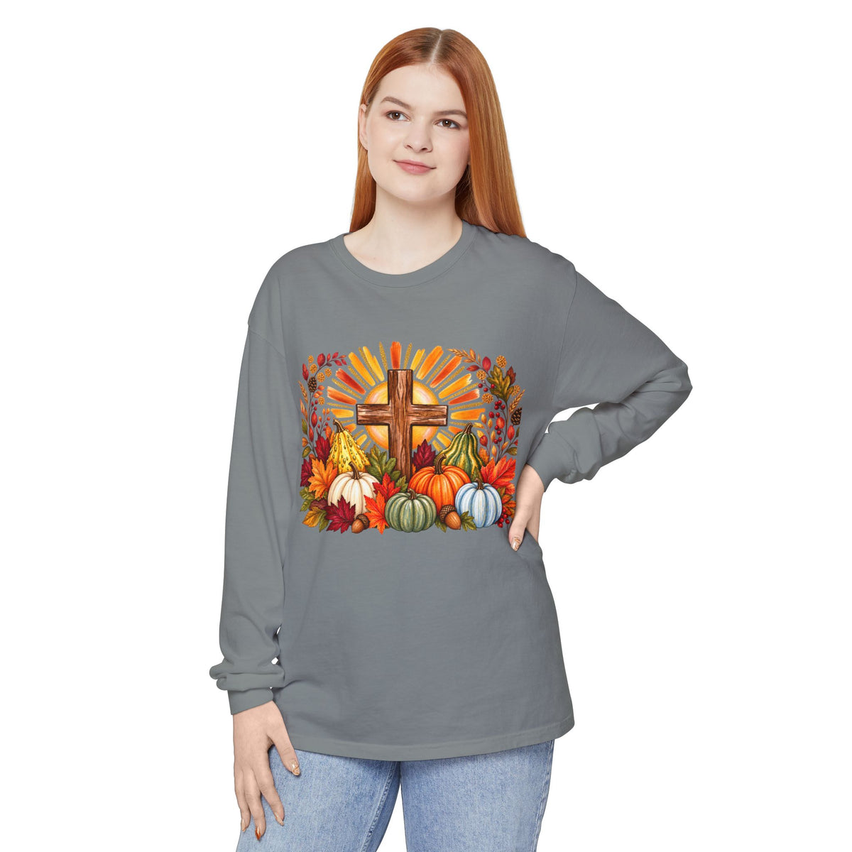 Christian Fall Cross Long Sleeve Tee Autumn Pumpkins and Leaves
